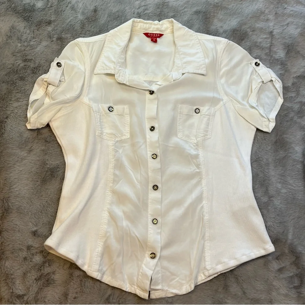 Guess White Short Sleeve Button Down Shirt - Picture 3 of 12